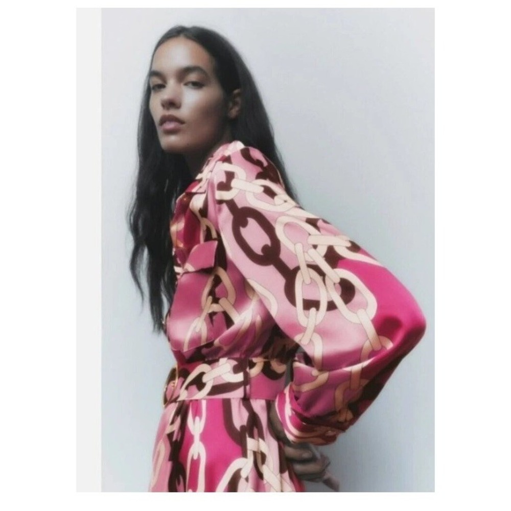 Zara Pink and Red Chain Print Ivory Enamel Button Satin Shirt Dress Size large - Picture 3 of 9